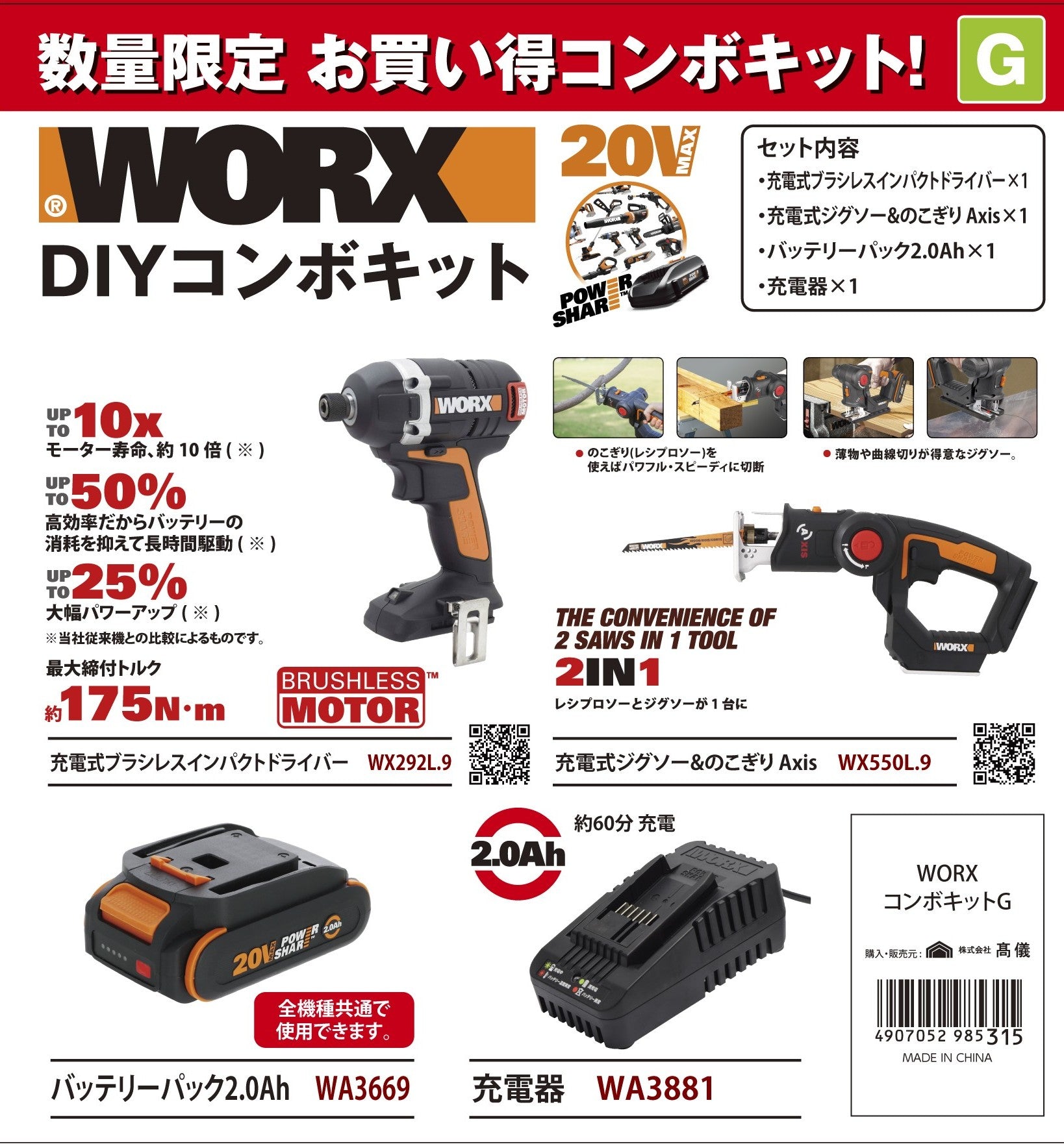 WORX コンボキット Gセット（インパクトドライバー+ジグソー＆のこぎり 